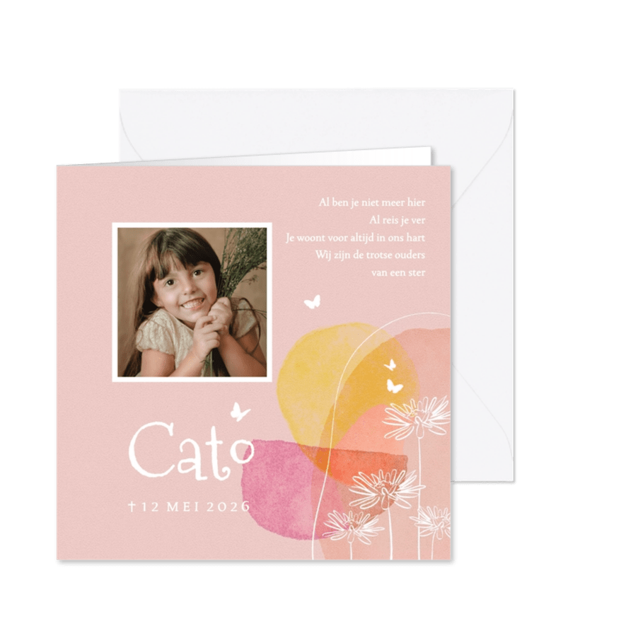 Abstracte rouwkaart madeliefjes vlinder  - Kaartimpressie