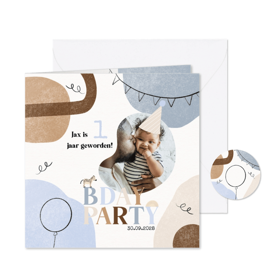 Abstracte uitnodiging kinderfeestje trend blauw beige foto - Kaartimpressie