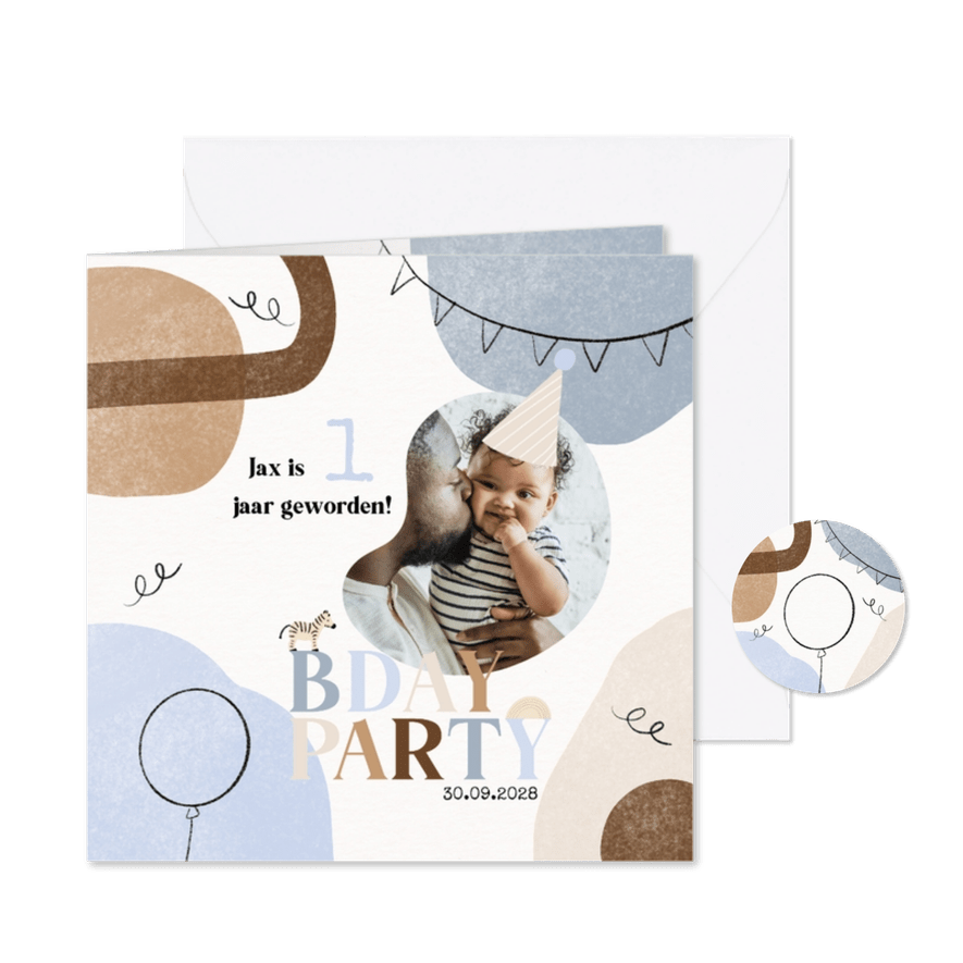 Abstracte uitnodiging kinderfeestje trend blauw beige foto - Kaartimpressie