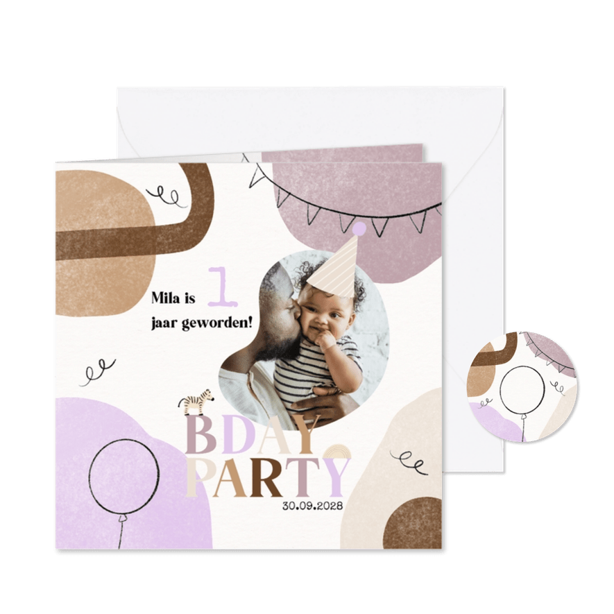 Abstracte uitnodiging kinderfeestje trend lila beige foto - Kaartimpressie