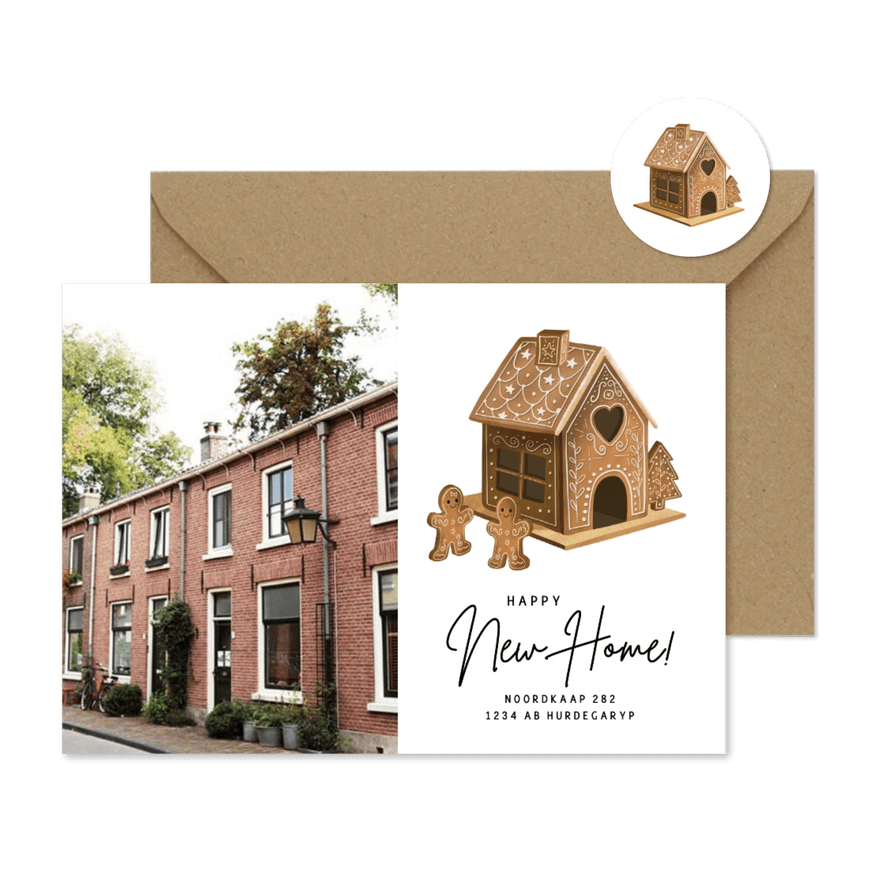 Adreswijziging en kerstkaart in één met peperkoekhuisje  - Kaartimpressie