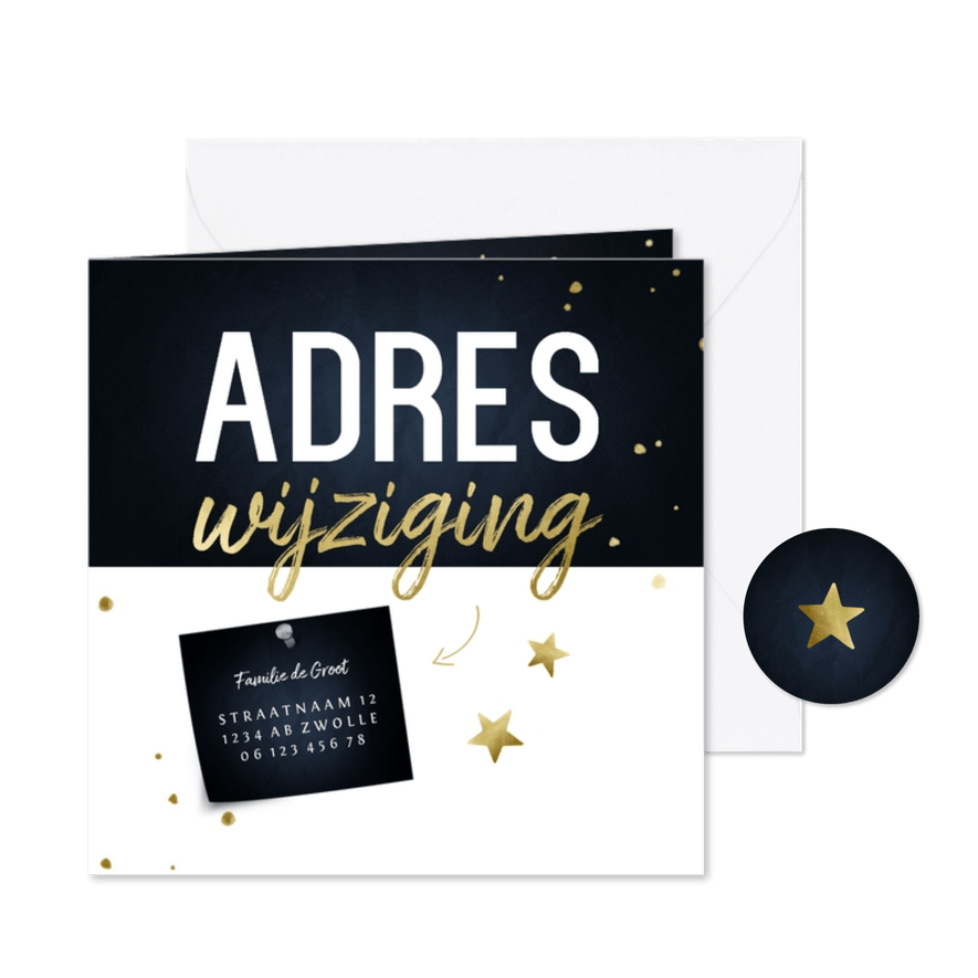 Adreswijziging kerstkaart met sterren en papiertje - Kaartimpressie