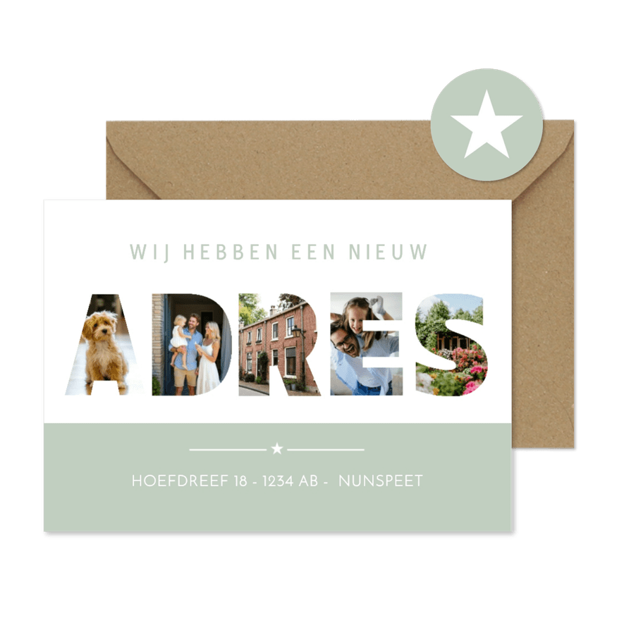 Adreswijziging met letters 'adres' met eigen foto's erin - Kaartimpressie