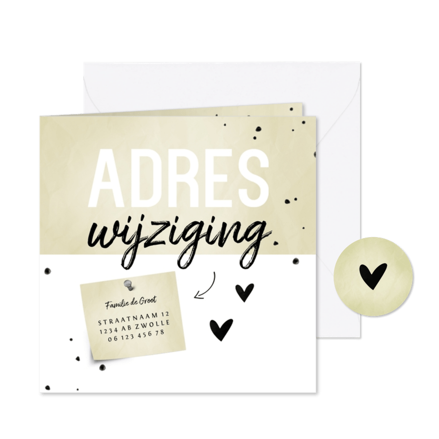 Adreswijziging papierlook met hartjes - Kaartimpressie