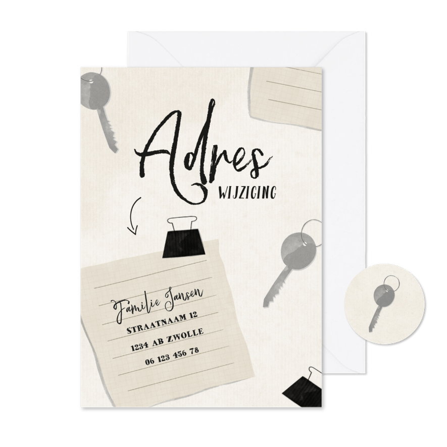Adreswijziging papiertje met sleutels - Kaartimpressie