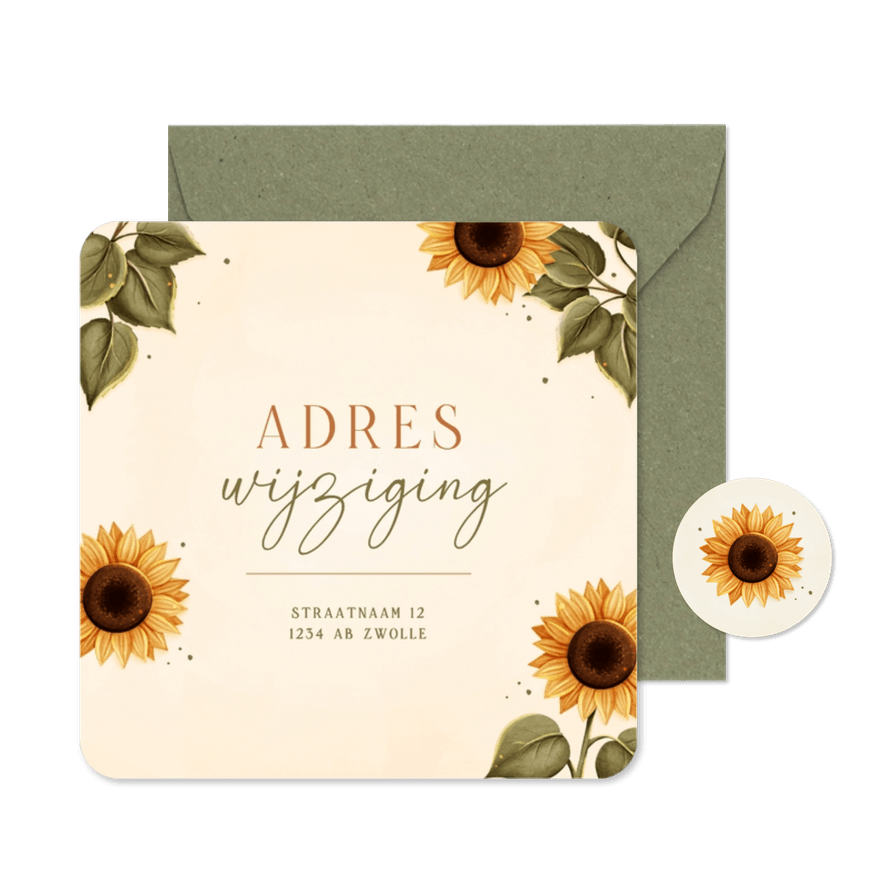 Adreswijziging verhuiskaart met zonnebloemen - Kaartimpressie