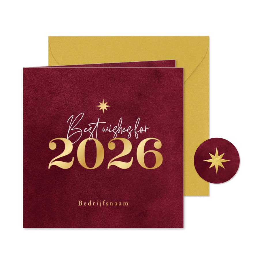 Algemene zakelijke kerstkaart 2026 rood goud best wishes - Kaartimpressie