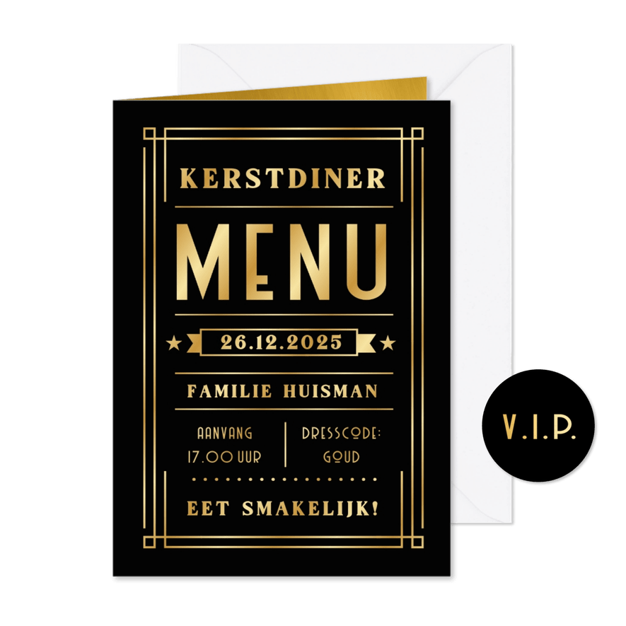 Art-deco stijl kerstdiner menukaart zwart met goudfolie - Kaartimpressie