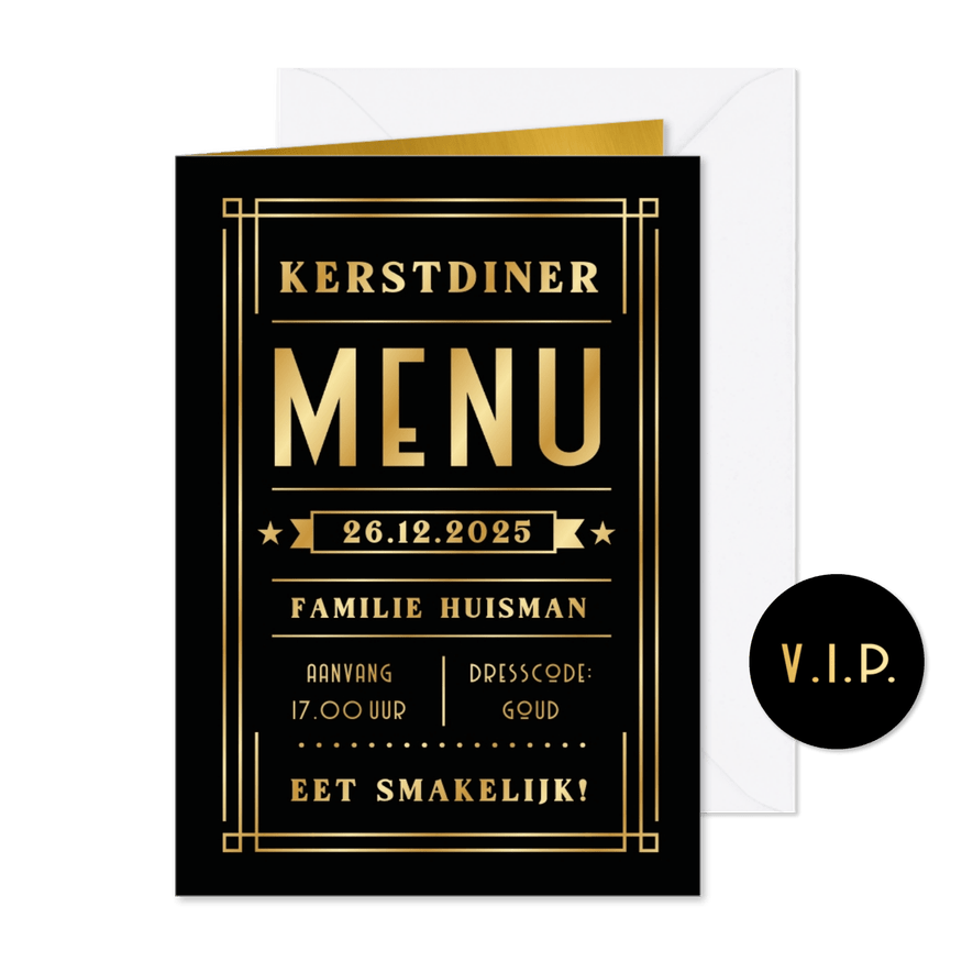 Art-deco stijl kerstdiner menukaart zwart met goudfolie - Kaartimpressie