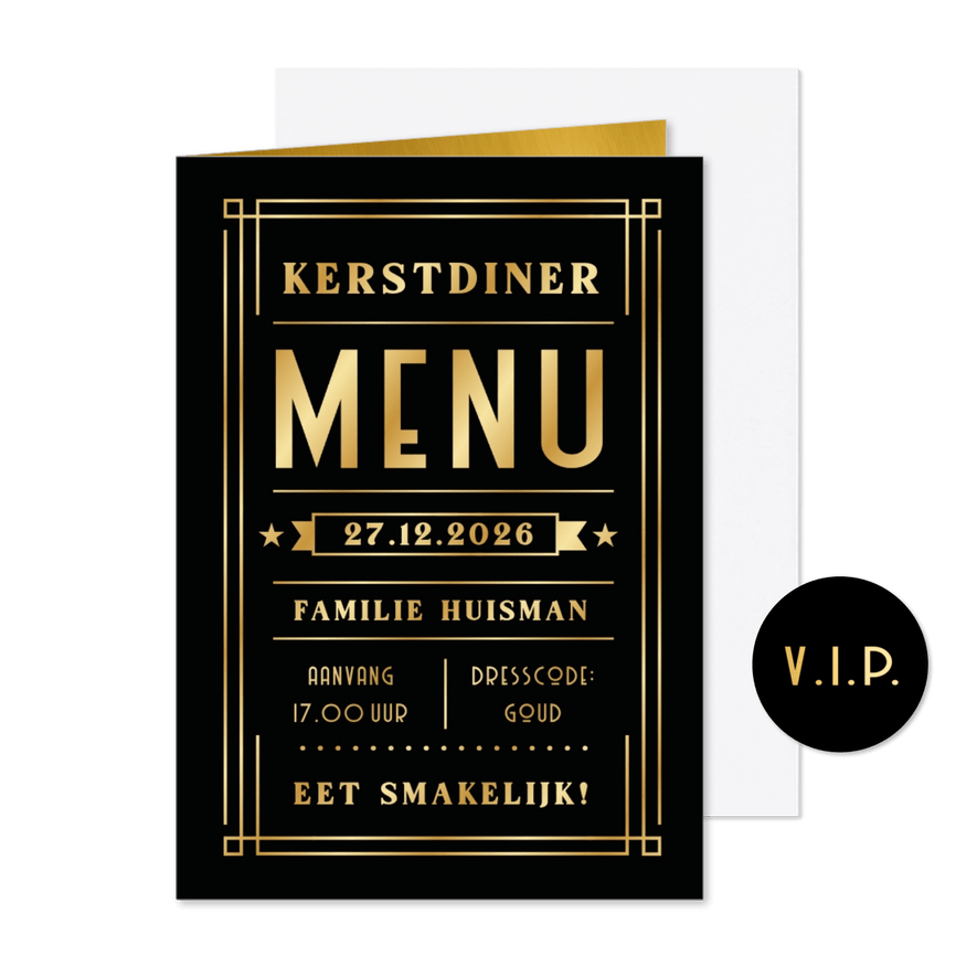 Art-deco stijl kerstdiner menukaart zwart met goudfolie - Kaartimpressie