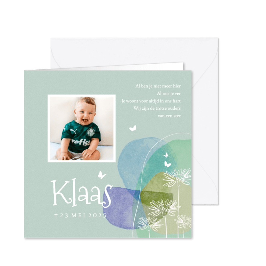 Artistieke rouwkaart madeliefjes vlinder watercolor abstract - Kaartimpressie