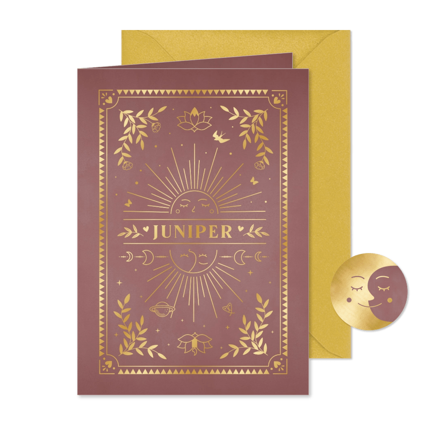 Astrologie geboortekaartje meisje maan en zon met foliedruk - Kaartimpressie