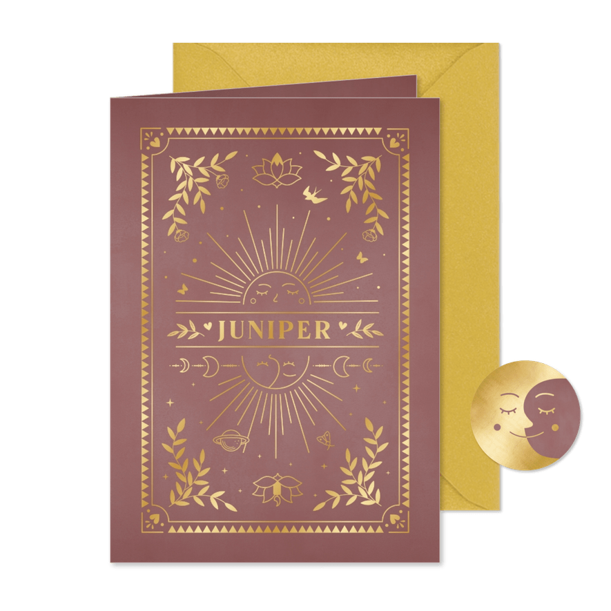Astrologie geboortekaartje meisje maan en zon met foliedruk - Kaartimpressie