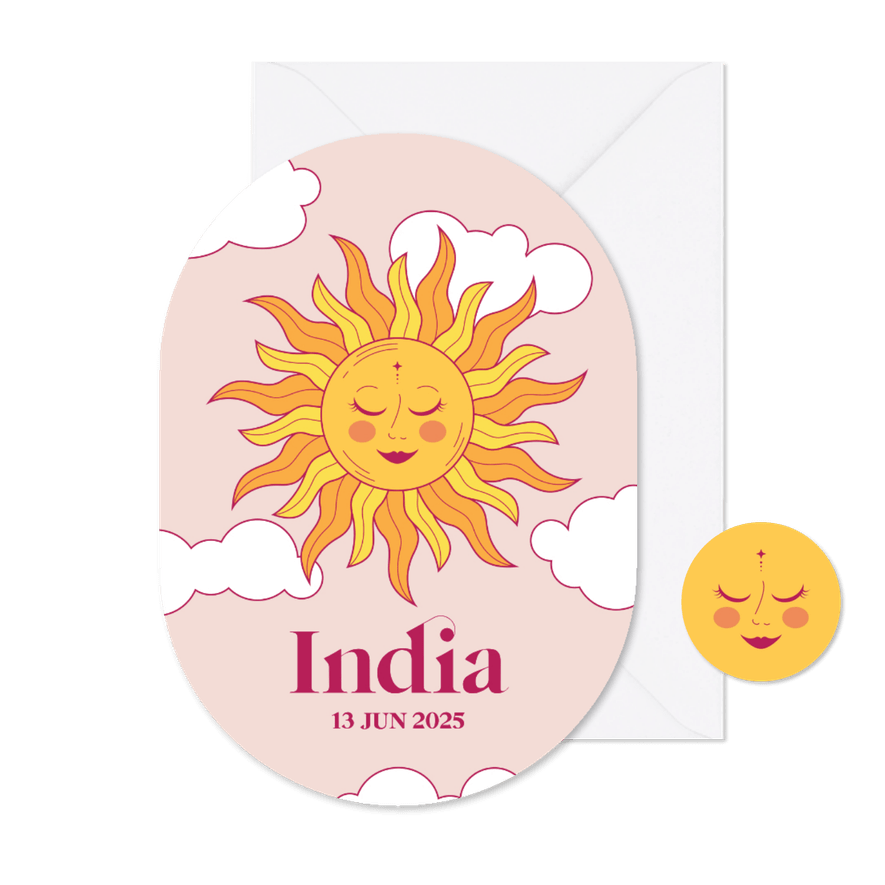 Astrologie geboortekaartje roze met zon met gezichtje - Kaartimpressie