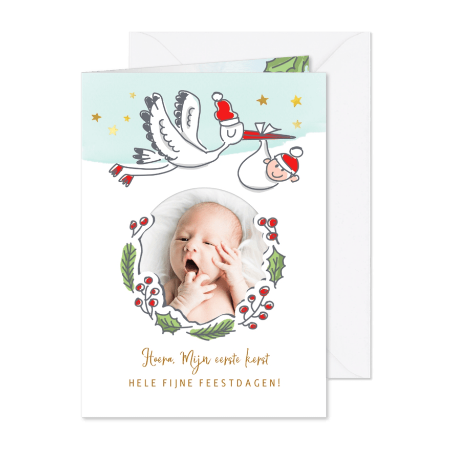 Baby's eerste kerstkaart met ooievaar en foto - Kaartimpressie