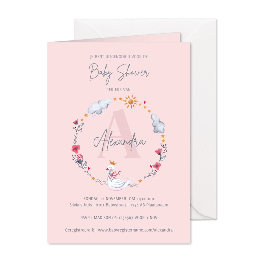 Baby shower uitnodiging prinses zwaan - Kaartimpressie