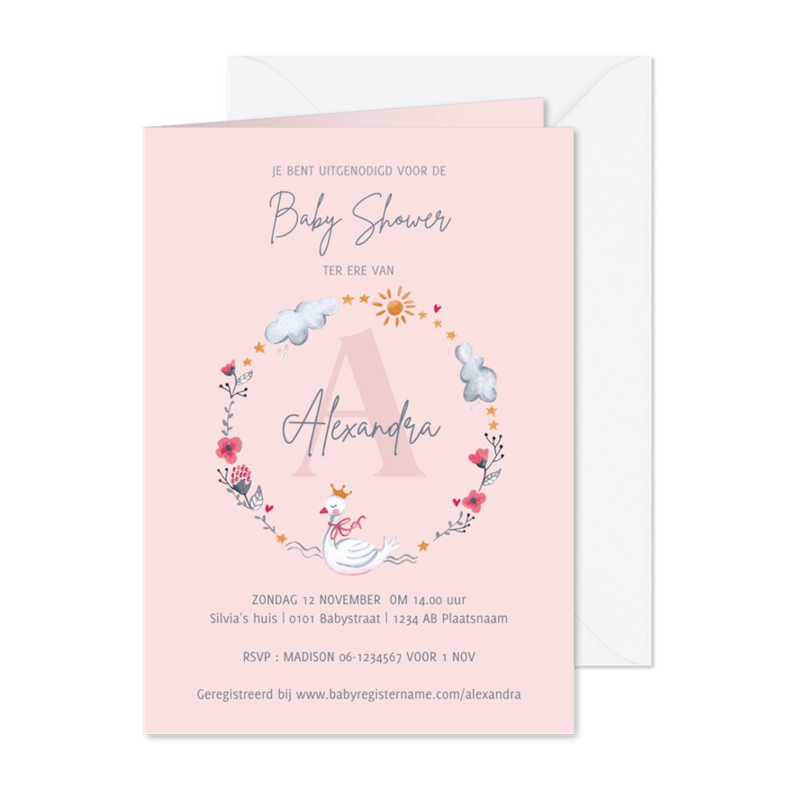 Baby shower uitnodiging prinses zwaan - Kaartimpressie
