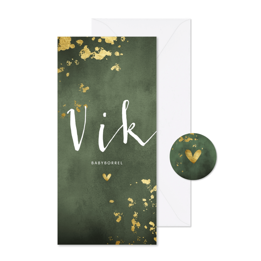 Babyborrel groene waterverf gouden spetters - Kaartimpressie