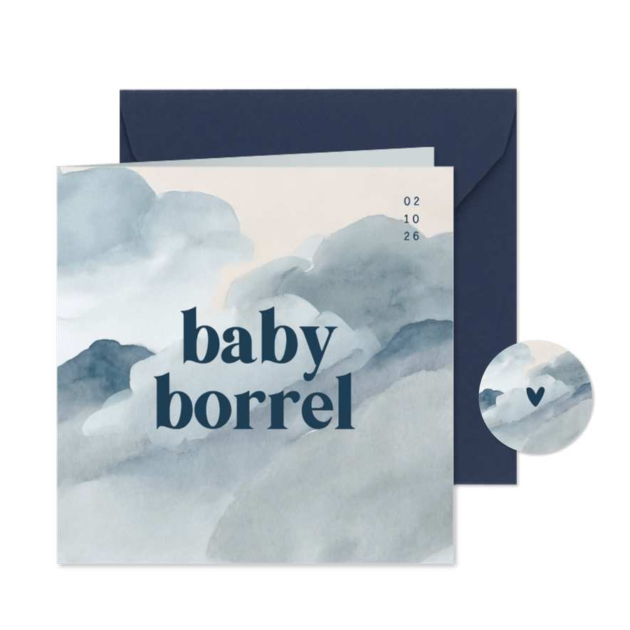 Babyborrel uitnodiging feestje waterverf blauwtinten - Kaartimpressie