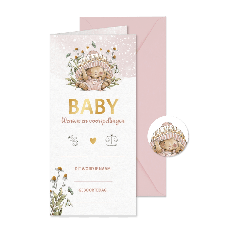 Babyshower invulkaart met konijntje tussen de bloemen - Kaartimpressie