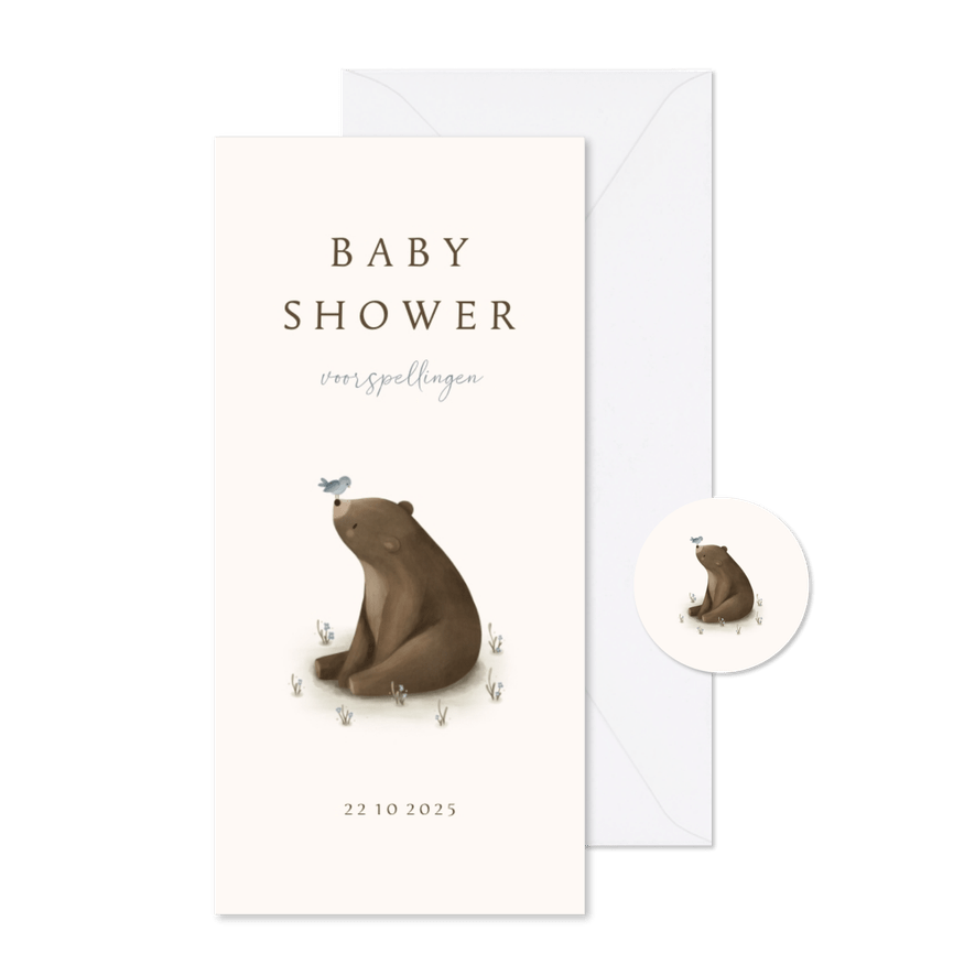 Babyshower invulkaartje met een beer en blauw vogeltje - Kaartimpressie