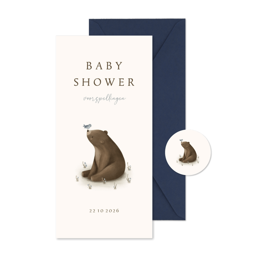 Babyshower invulkaartje met een beer en blauw vogeltje - Kaartimpressie