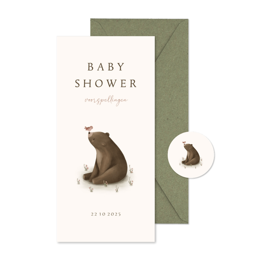 Babyshower invulkaartje met een beer en roze vogeltje - Kaartimpressie