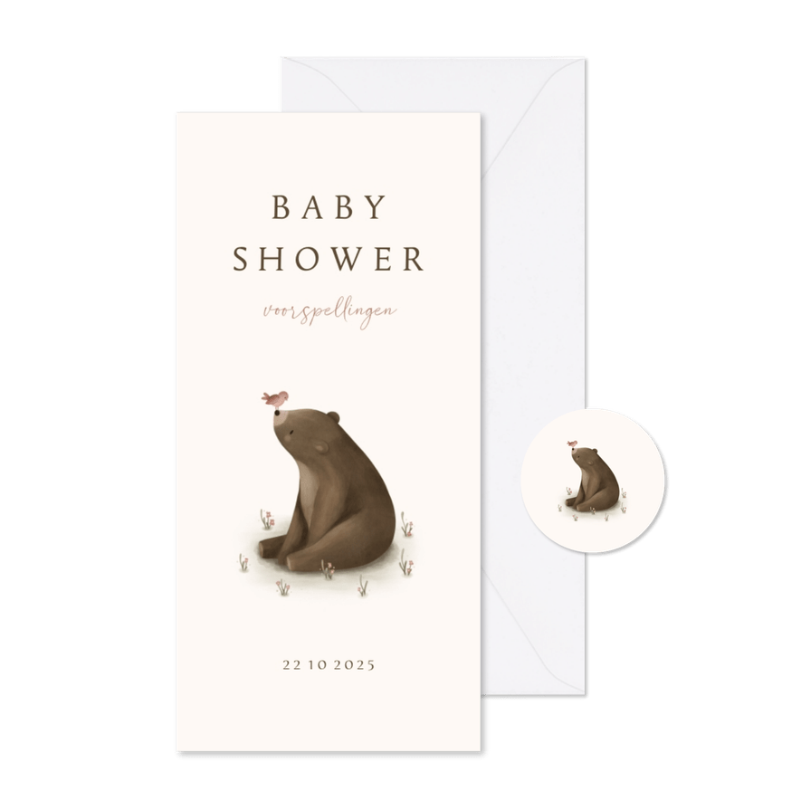 Babyshower invulkaartje met een beer en roze vogeltje - Kaartimpressie