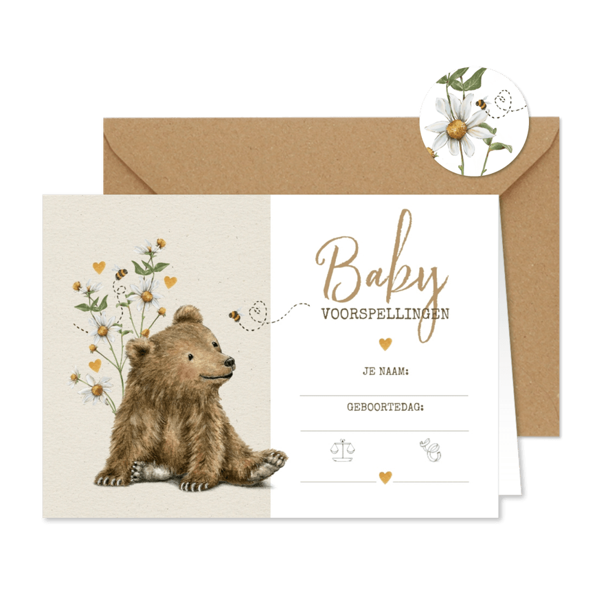 Babyshower invulkaartje met lief beertje tussen de bloemen - Kaartimpressie