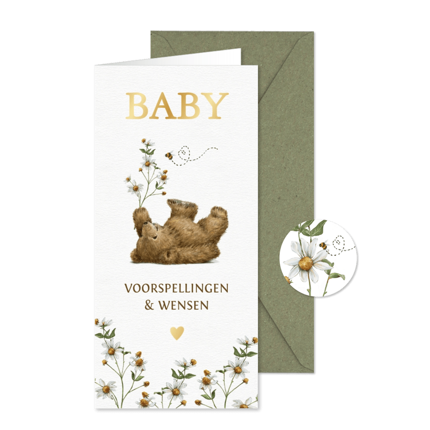 Babyshower invulkaartje met liggend beertje met bloem en bij - Kaartimpressie