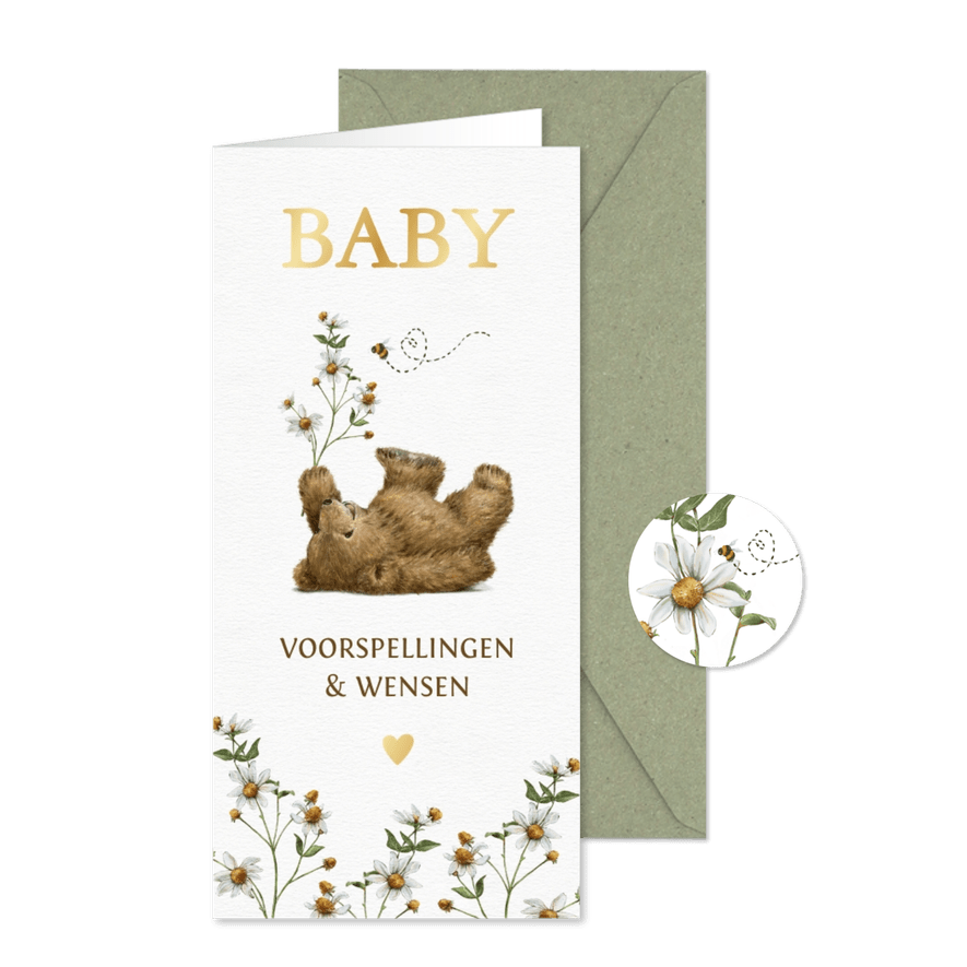 Babyshower invulkaartje met liggend beertje met bloem en bij - Kaartimpressie