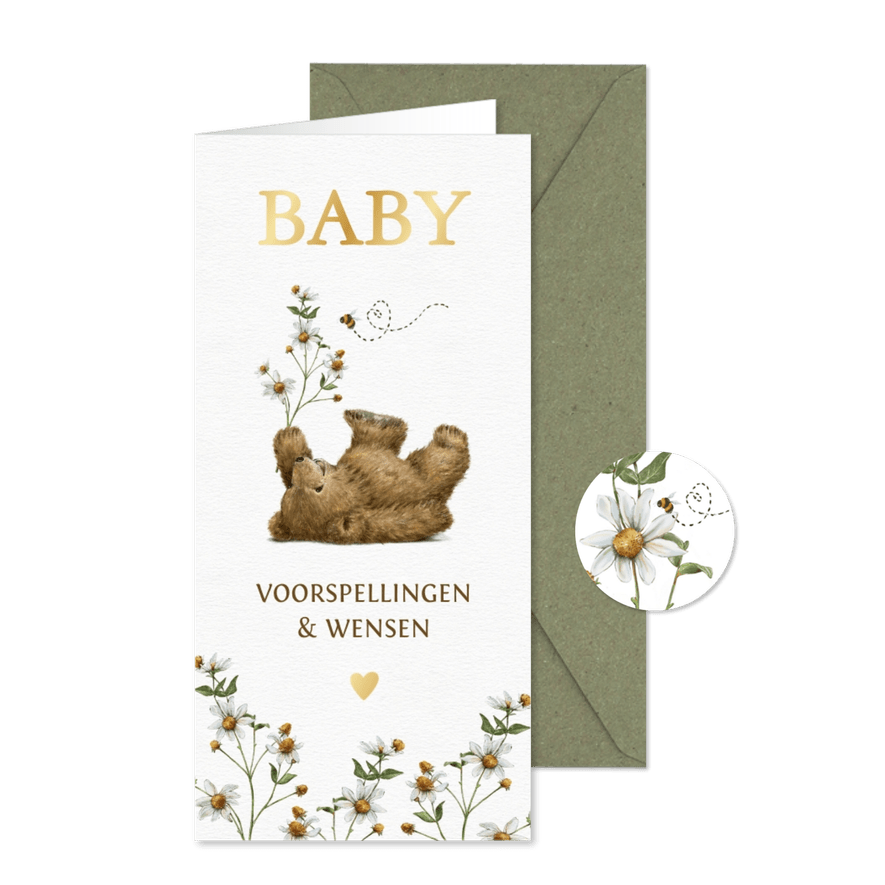 Babyshower invulkaartje met liggend beertje met bloem en bij - Kaartimpressie