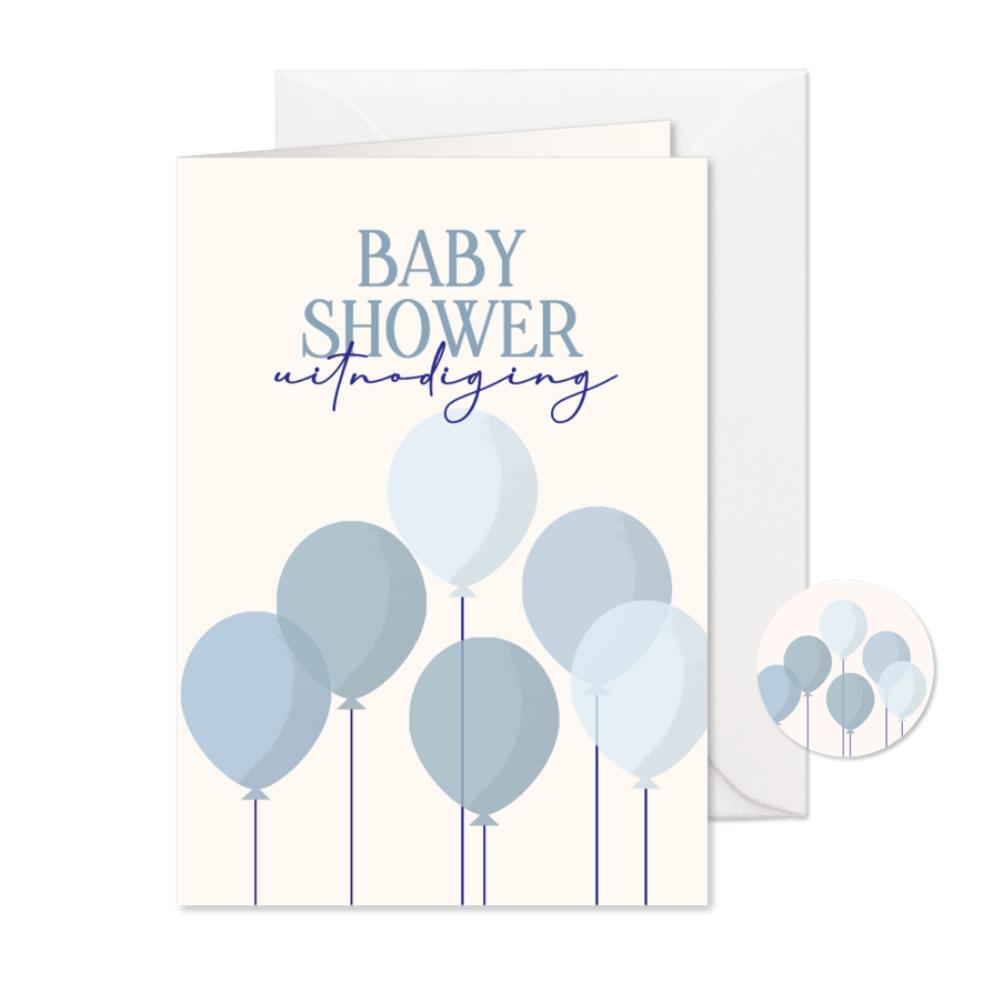 Babyshower jongen uitnodiging met blauwe ballonnen - Kaartimpressie