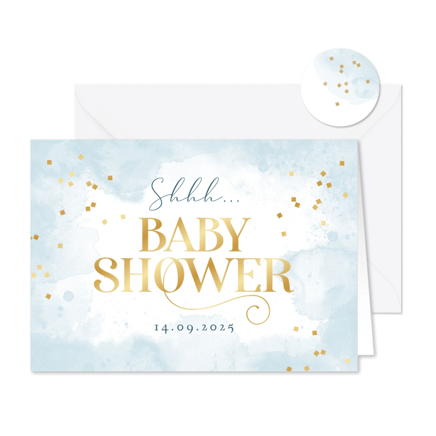 Babyshower jongen uitnodiging waterverf blauw confetti goud - Kaartimpressie
