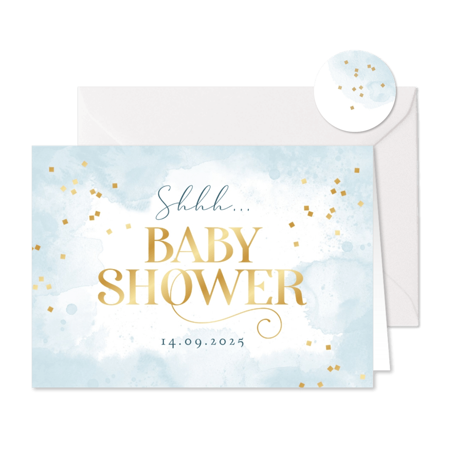 Babyshower jongen uitnodiging waterverf blauw confetti goud - Kaartimpressie