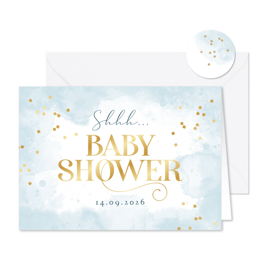Babyshower jongen uitnodiging waterverf blauw confetti goud - Kaartimpressie