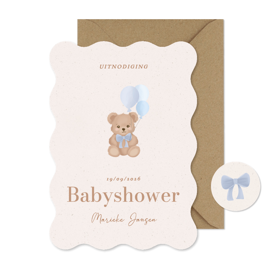 Babyshower uitnodiging jongen met teddybeertje met ballonnen - Kaartimpressie