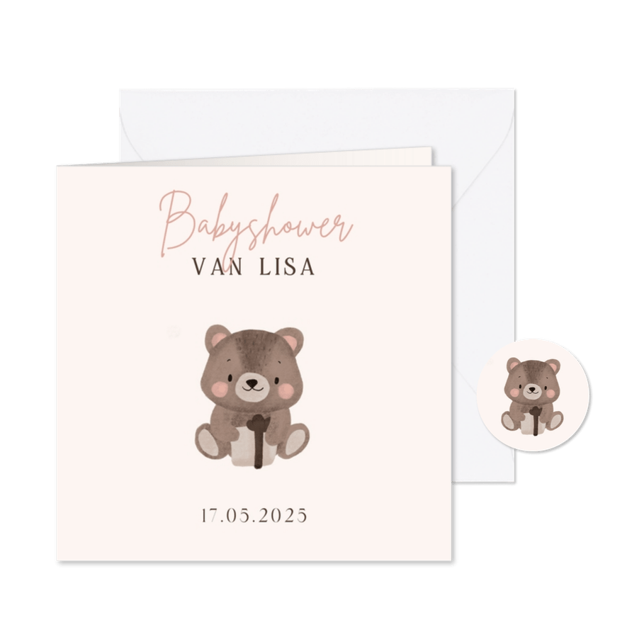 Babyshower uitnodiging met teddybeer - Kaartimpressie