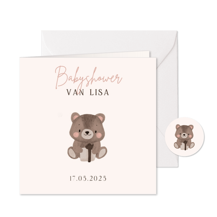 Babyshower uitnodiging met teddybeer - Kaartimpressie