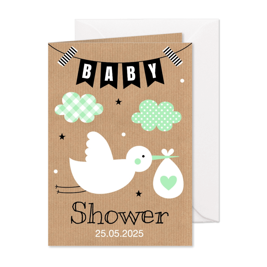 Babyshower uitnodiging ooievaar mint - Kaartimpressie