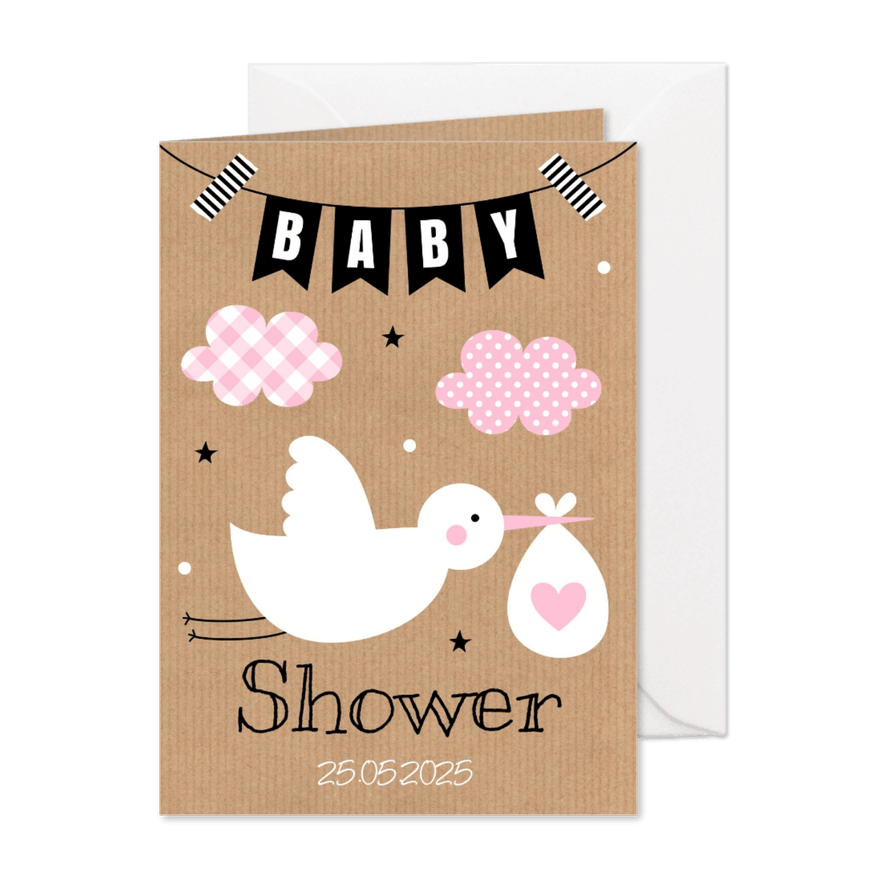 Babyshower uitnodiging ooievaar roze - Kaartimpressie