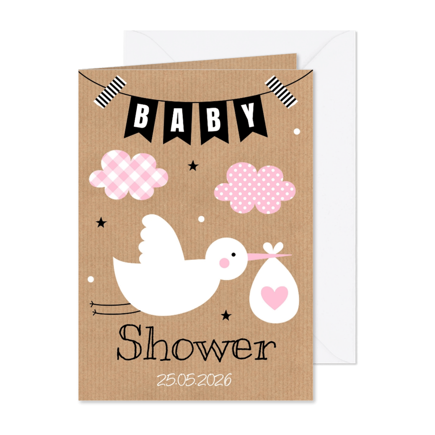 Babyshower uitnodiging ooievaar roze - Kaartimpressie