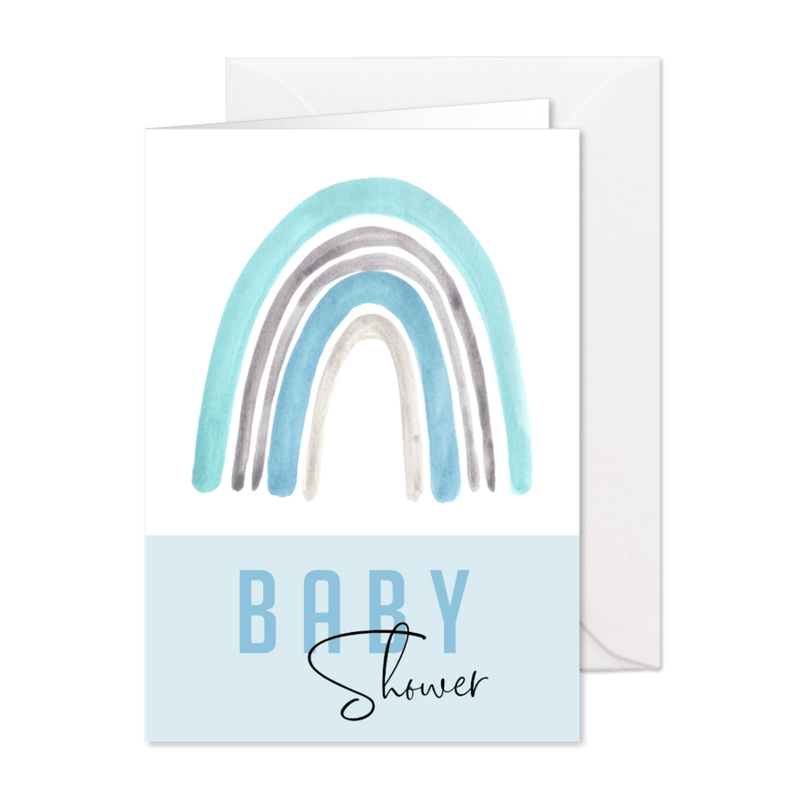 Babyshower uitnodiging | Regenboog waterverf blauw - Kaartimpressie