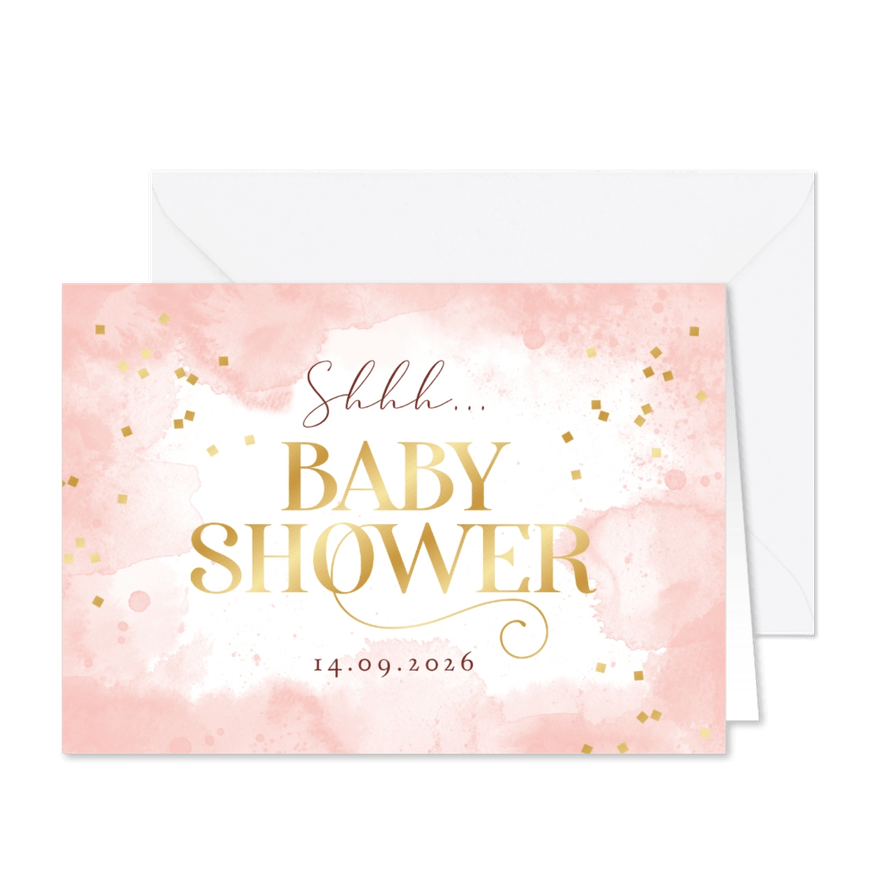 Babyshower uitnodiging waterverf roze confetti goud - Kaartimpressie