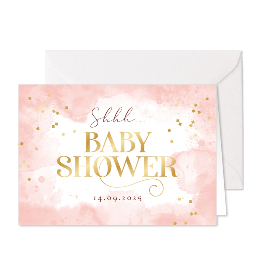 Babyshower uitnodiging waterverf roze confetti goud - Kaartimpressie