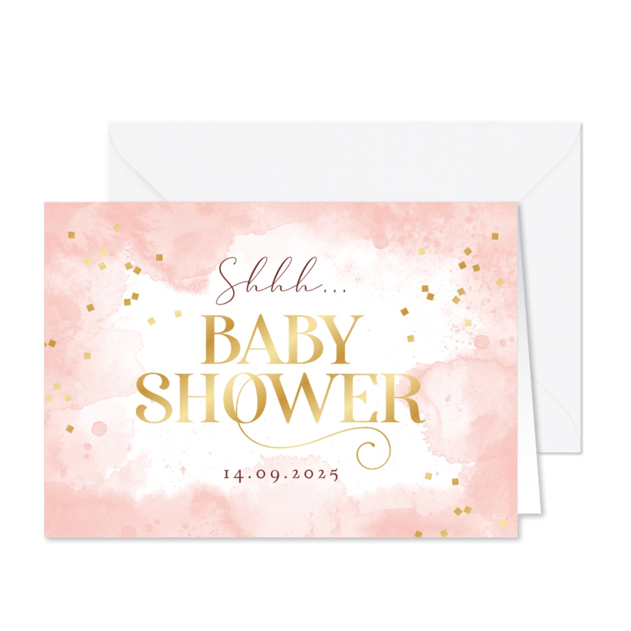 Babyshower uitnodiging waterverf roze confetti goud - Kaartimpressie