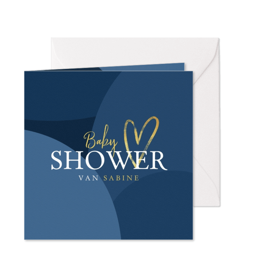 Babyshower uitnodigingskaart blauw jongen goud hartje - Kaartimpressie