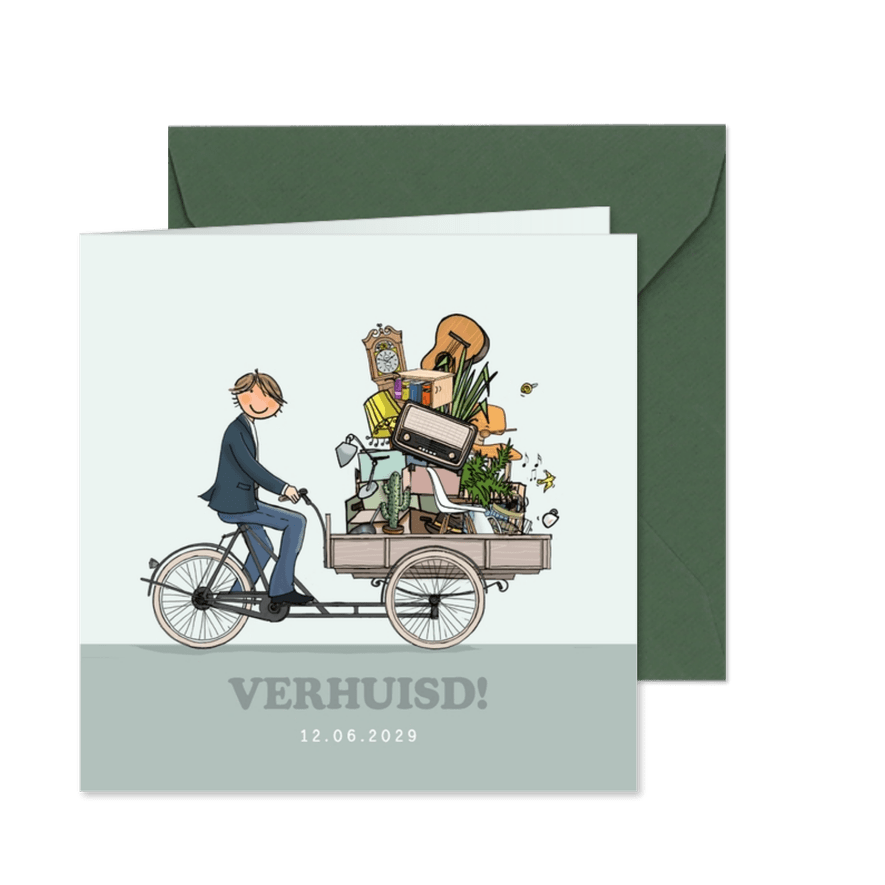 Bakfiets verhuiskaart jongeman - Kaartimpressie