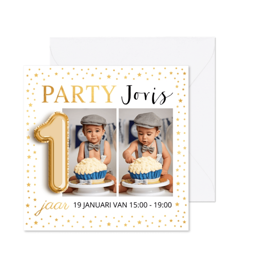Ballon 1 jaar foto goud confetti uitnodiging kinderfeestje - Kaartimpressie