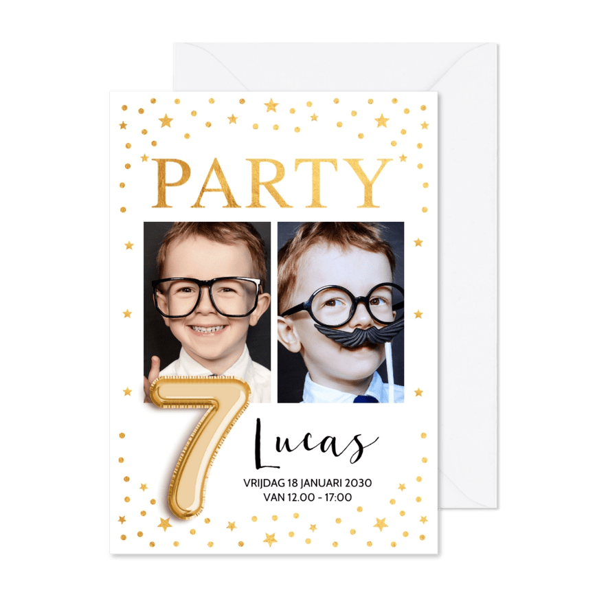 Ballon 7 jaar uitnodiging kinderfeestje foto goudlook - Kaartimpressie